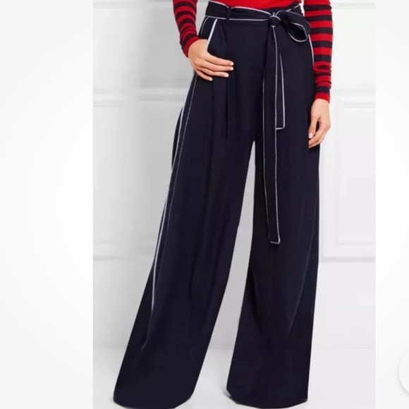 J. Crew for Net A Porter 12 Dark Blue Wide-Leg Pants with Striped Piping Accents - Picture 1 of 12